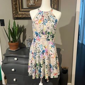 NWT Express Multicolored Watercolor Floral Fit and Flare Halter Dress